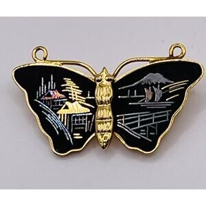Butterfly Brooch Black & Gold Tone Vintage Amita Japanese Damascene Etched Pin
